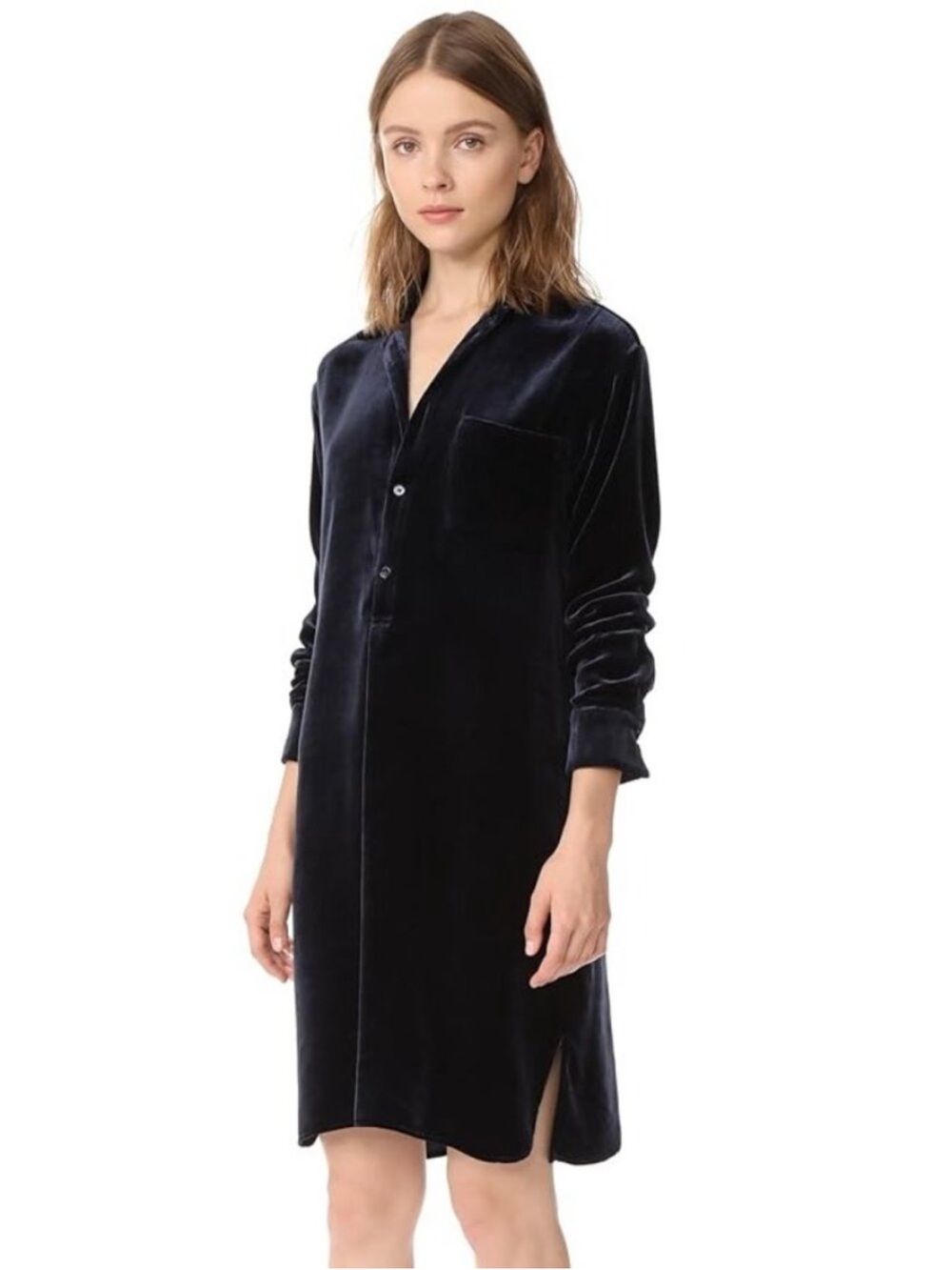 Vince Navy Velvet Silk Blend Shirt Dress Luxe Minimalist Medium